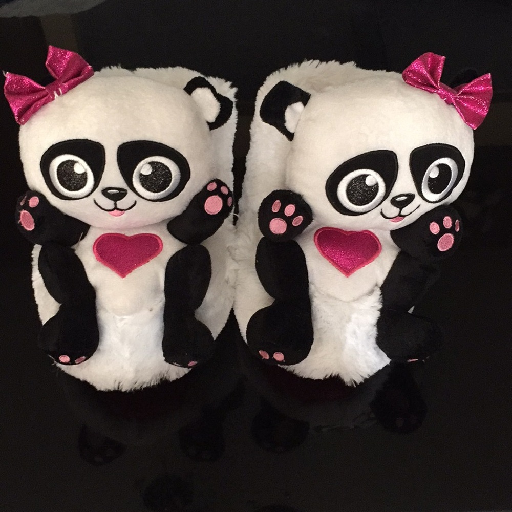 Justice slippers panda bear size 6/7 black and white with pink trim
